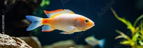 A close-up of a vibrant orange and blue fish swimming in an aquarium, showcasing its beauty and grace. The fish is the main subject, with a subtle blur of plants and rocks in the background.