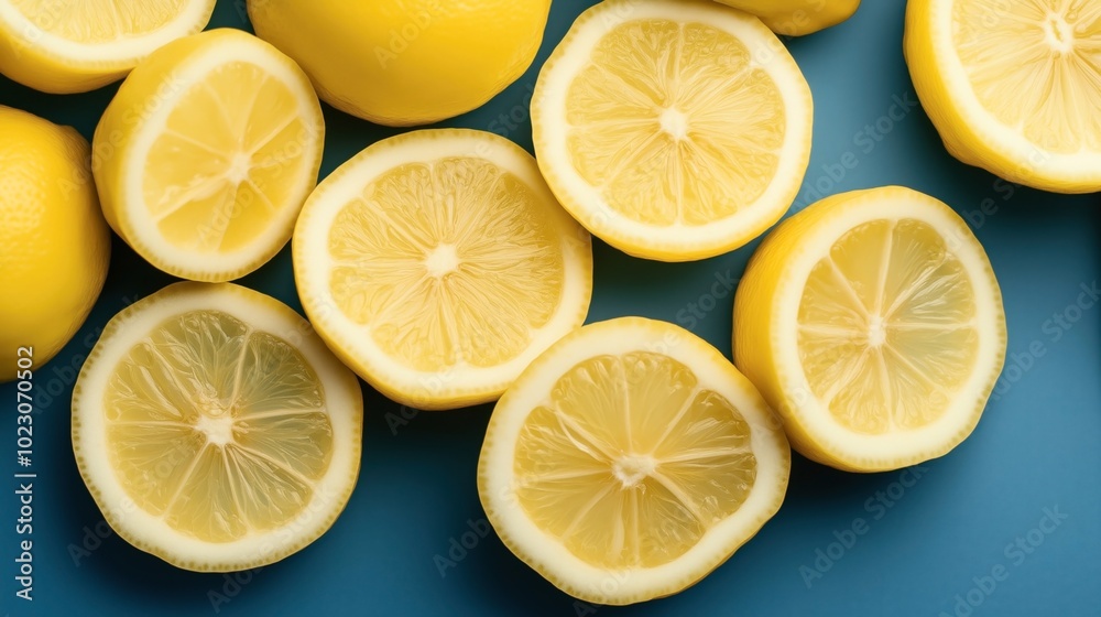 Bright yellow lemons, whole and halved, arranged on a blue background highlighting the citrus texture and freshness. Bright yellow lemons, whole and halved, arranged on a blue background highlighting the citrus texture and freshness.