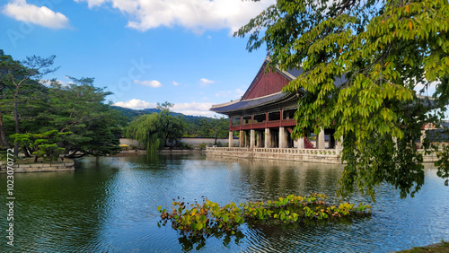 Gyeongbokgung Palace, with blue sky on a sunny day, in Seoul, South Korea