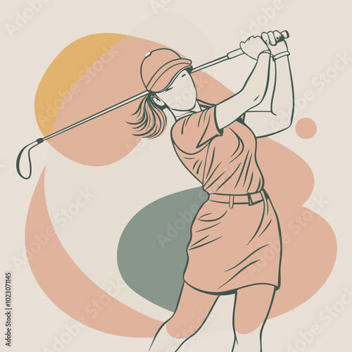 Female Golfer Silhouette with Colorful Blobs – Stylish Vector Illustration for Sports Designs