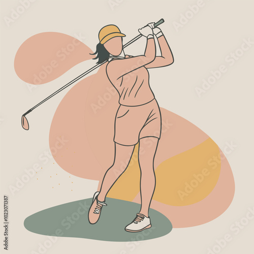 Female Golfer Silhouette with Colorful Blobs – Stylish Vector Illustration for Sports Designs