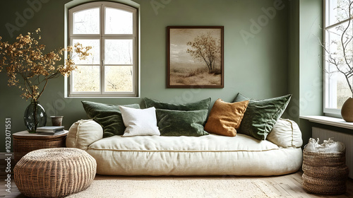 Cozy living room featuring a comfortable sofa and natural decor.