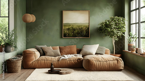 Cozy living room with earthy tones and natural elements.