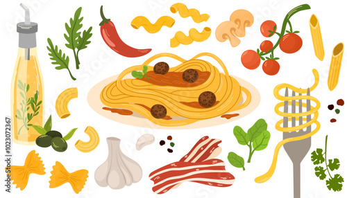 Italian food set, ingredients. Cartoon elements of traditional products, pasta, olive oil, tomatoes, mushrooms, pepper, bacon, basil, arugula. Spaghetti recipe. Food composition. Vector illustration.