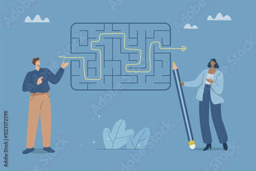 Complex problem solving skills, Businessman holding a big pencil showing how to solve a maze, Solving complex business problems, Intelligence and the ability to overcome difficulties.
