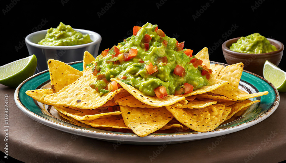 Delicious nachos topped with fresh guacamole and diced tomatoes served with lime wedges Delicious nachos topped with fresh guacamole and diced tomatoes served with lime wedges
