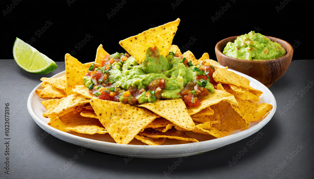 Delicious plate of nachos topped with guacamole and salsa served with lime on a dark background