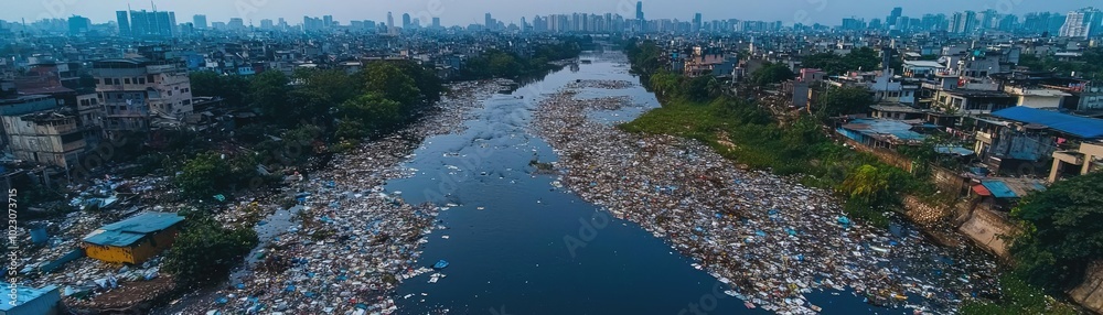 Aerial view of a polluted river surrounded by urban areas, showcasing environmental degradation and waste accumulation. Aerial view of a polluted river surrounded by urban areas, showcasing environmental degradation and waste accumulation.