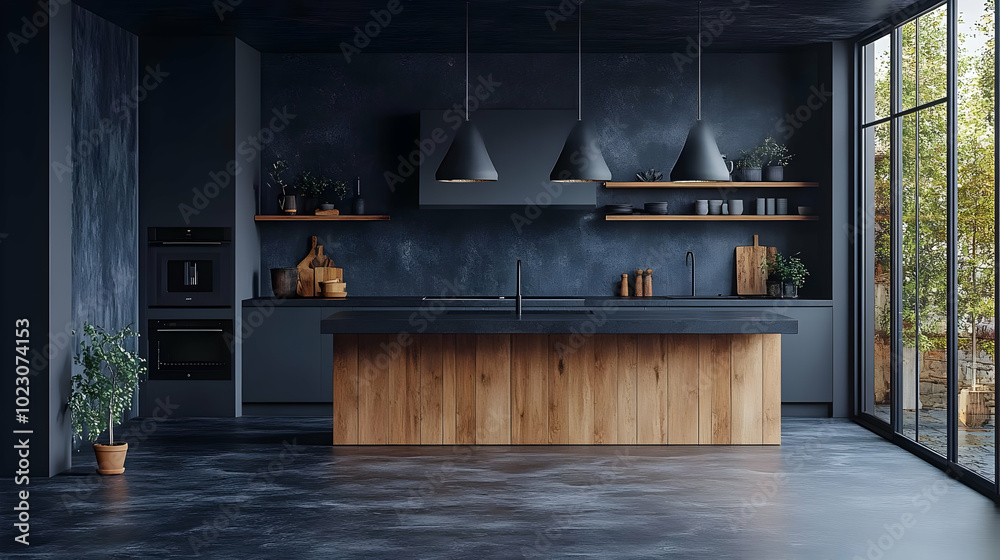 Modern kitchen with dark tones and wooden accents. Modern kitchen with dark tones and wooden accents.