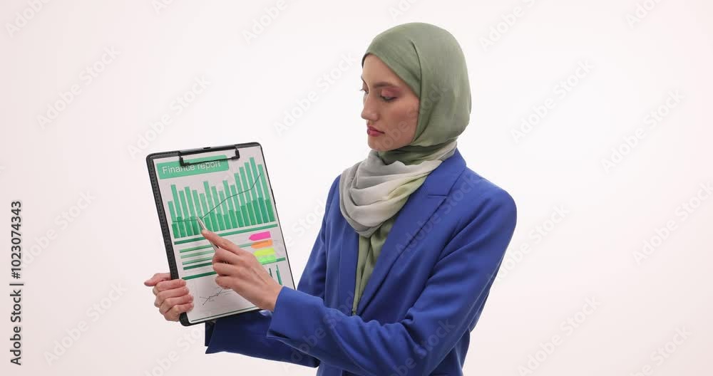 Businesswoman in hijab explains graph on clipboard on white background. Muslim woman points with pen at report providing explanation to executive