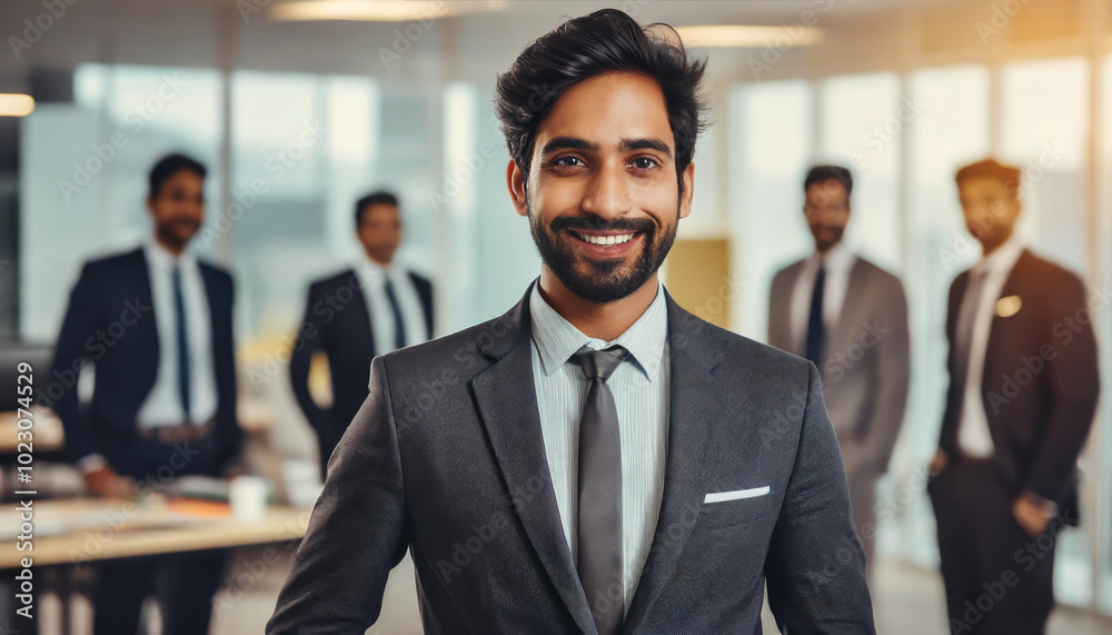 Professional businessman in a suit smiling at the camera with colleagues in a modern office setting during the day Professional businessman in a suit smiling at the camera with colleagues in a modern office setting during the day