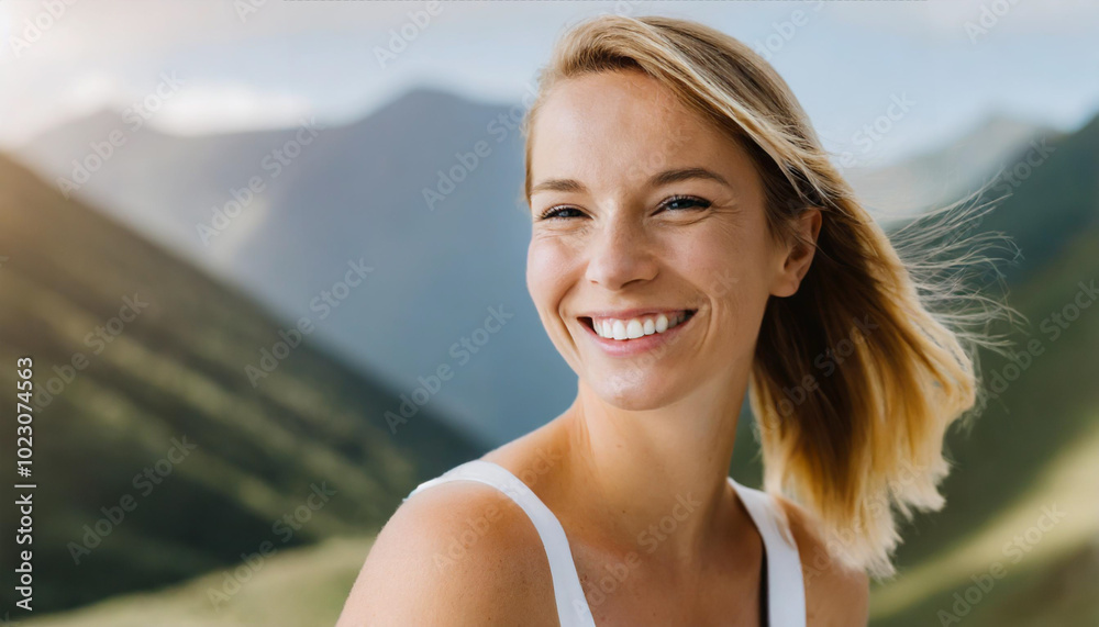 A young woman smiles brightly while enjoying a sunny day in the mountains, showcasing nature's beauty and the joy of outdoor adventures A young woman smiles brightly while enjoying a sunny day in the mountains, showcasing nature's beauty and the joy of outdoor adventures