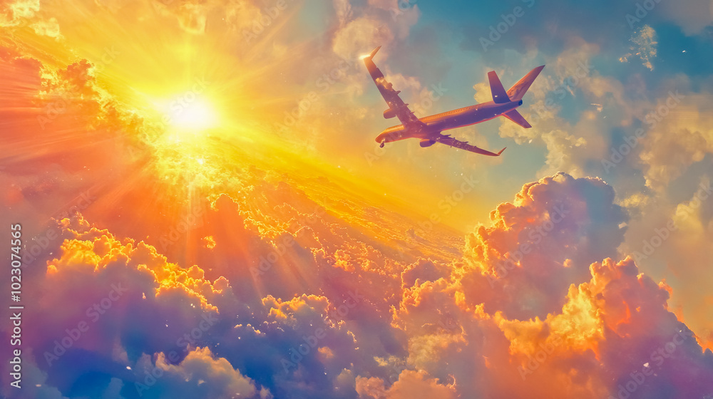 Naklejka premium A plane flying through a clear sky towards the horizon, symbolizing hope.