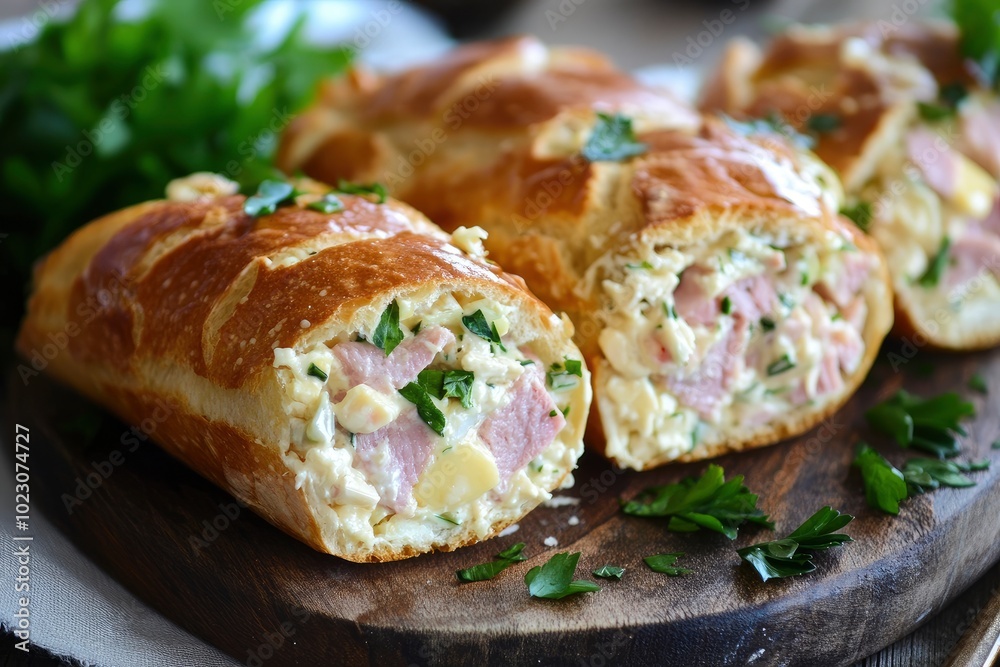 Ham and cheese salad roll from fresh baguette - generative ai Ham and cheese salad roll from fresh baguette - generative ai