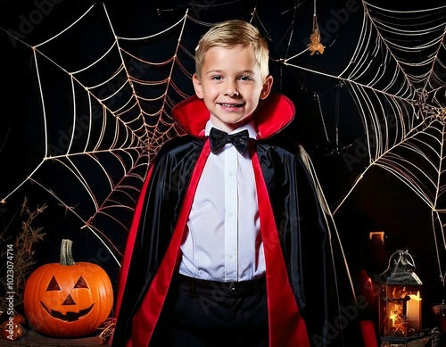 Enfant (garçon) en costume de vampire pour Halloween, décoration citrouilles et toiles d'araignée photo