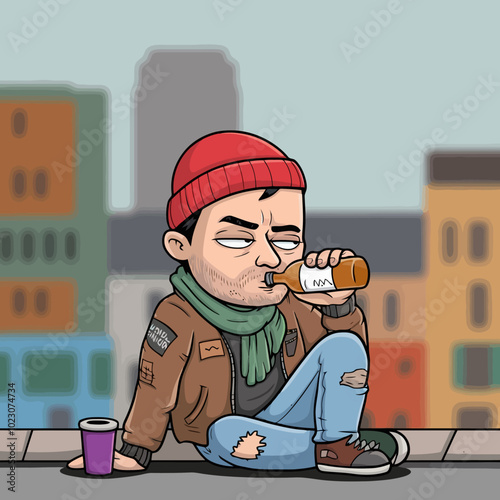Cartoon man sitting with bottle, wearing a red beanie.