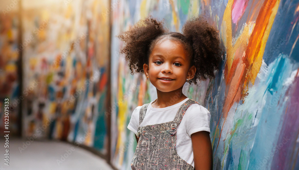 A joyful young girl with curly hair smiles while leaning against a vibrant, colorful wall in an urban art space during daylight A joyful young girl with curly hair smiles while leaning against a vibrant, colorful wall in an urban art space during daylight