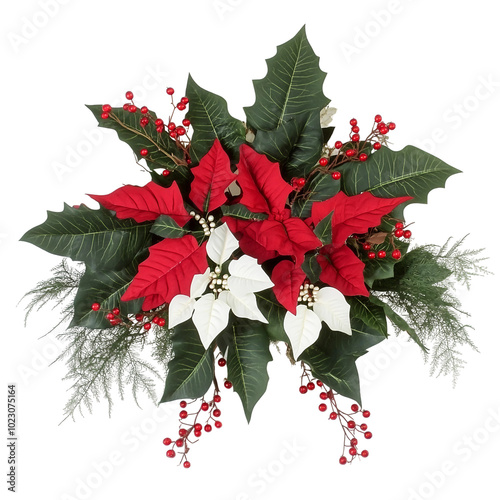 Vibrant Poinsettia Flowers and Red Berries Creating a Festive Holiday Arrangement for Seasonal Decor