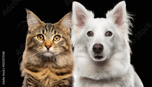 A close-up of a cat and dog side by side, showcasing their distinct features against a dark background