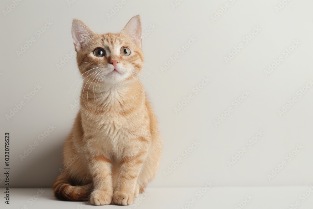 A charming orange cat sitting gracefully, showcasing its curious expression and soft fur against a minimalistic background.