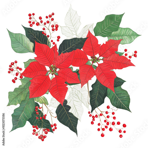 Vibrant Poinsettia Flowers and Red Berries Creating a Festive Holiday Arrangement for Seasonal Decor