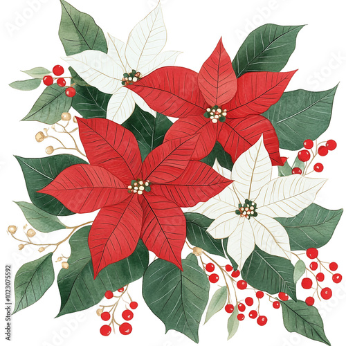 Vibrant Poinsettia Flowers and Red Berries Creating a Festive Holiday Arrangement for Seasonal Decor