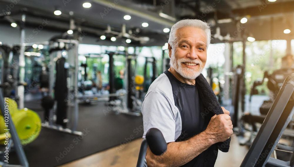 Active senior man smiling and exercising in a well-equipped gym during morning hours Active senior man smiling and exercising in a well-equipped gym during morning hours