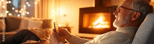 A cheerful elderly man enjoys his time by the cozy fireplace, using his smartphone in a warm, inviting living room setting. photo