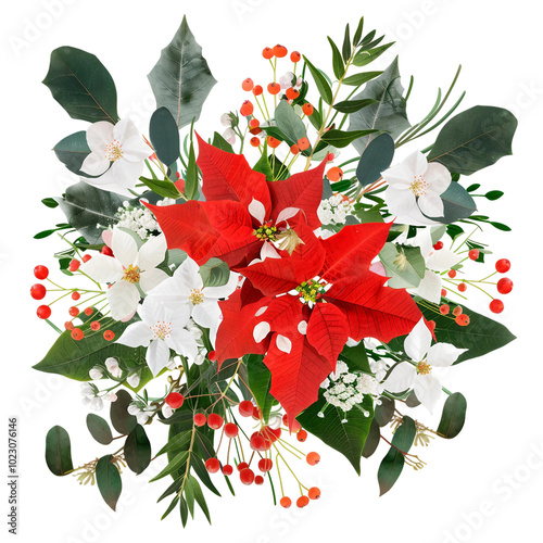Vibrant Poinsettia Flowers and Red Berries Creating a Festive Holiday Arrangement for Seasonal Decor
