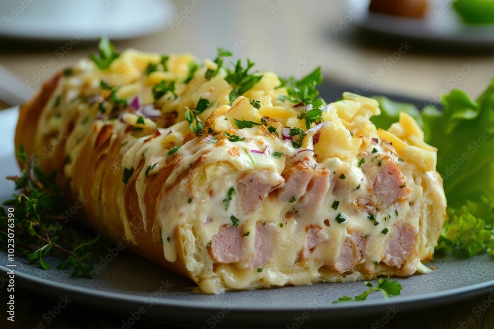 Ham and cheese salad roll from fresh baguette - generative ai Ham and cheese salad roll from fresh baguette - generative ai