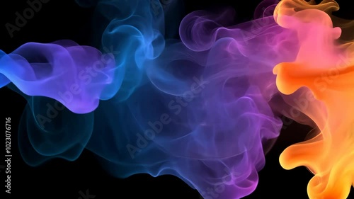 Purple, blue, and orange ink swirls and mixes in a black background
