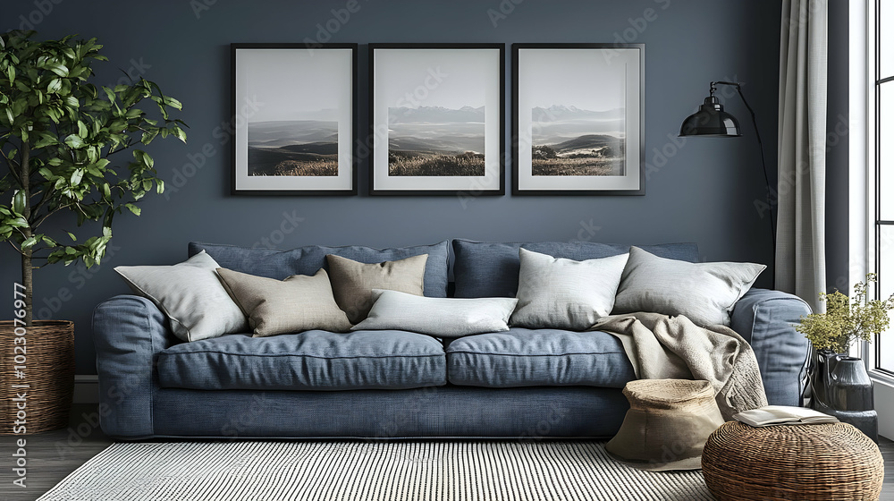 Cozy living room with a blue sofa and framed landscape art. Cozy living room with a blue sofa and framed landscape art.