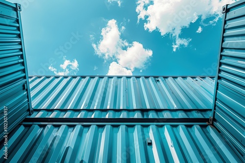 A blue building with a lot of containers stacked on top of each other, generative ai image photo