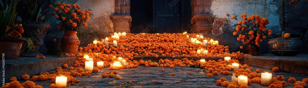 A serene pathway adorned with orange flowers and candles, creating a warm and inviting atmosphere for any event or celebration. A serene pathway adorned with orange flowers and candles, creating a warm and inviting atmosphere for any event or celebration.