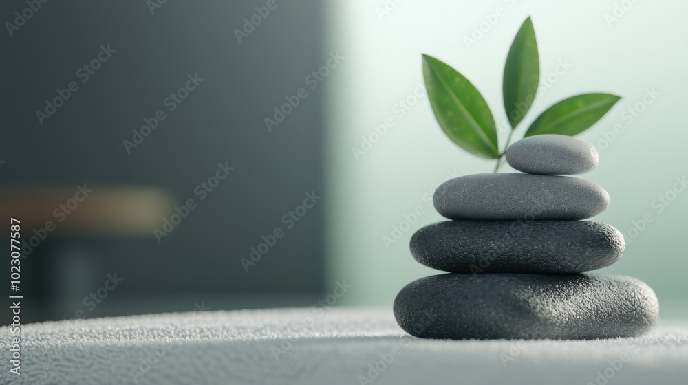 serene stack of smooth stones with green leaf on top, symbolizing balance and tranquility in spa setting. This evokes sense of calm and relaxation serene stack of smooth stones with green leaf on top, symbolizing balance and tranquility in spa setting. This evokes sense of calm and relaxation