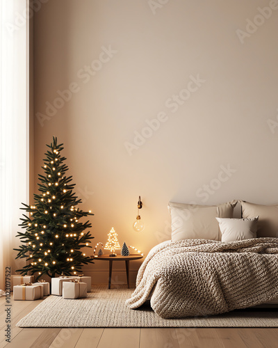 Cozy bedroom with Christmas tree and festive decorations, warm elegant ambiance.