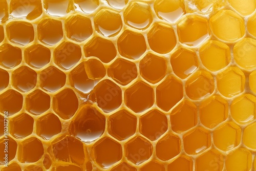 Golden Honeycomb Texture, a close-up shot of a honeycomb filled with honey, perfect for backgrounds, textures, and food photography.