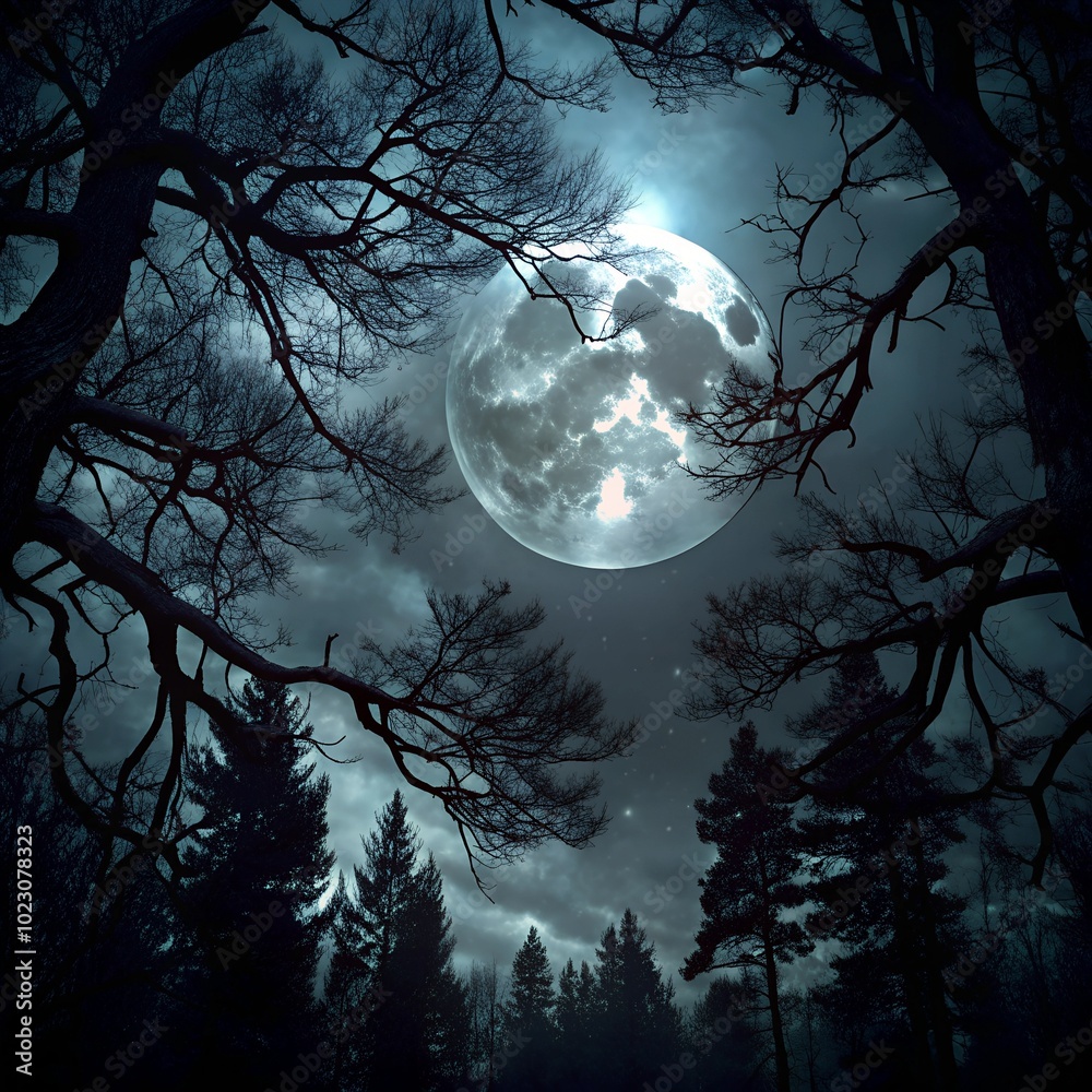 Fototapeta premium Spooky halloween background with silhouette dead tree at night full moon. Scary Night Forest with Full Moon on Halloween Night