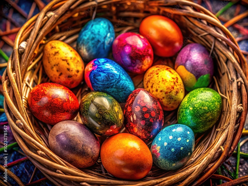 Joyful, vivid eggs are nestled in a charming woven basket, capturing the essence of spring and Easter celebrations in this beautiful artistic representation. Joyful, vivid eggs are nestled in a charming woven basket, capturing the essence of spring and Easter celebrations in this beautiful artistic representation.