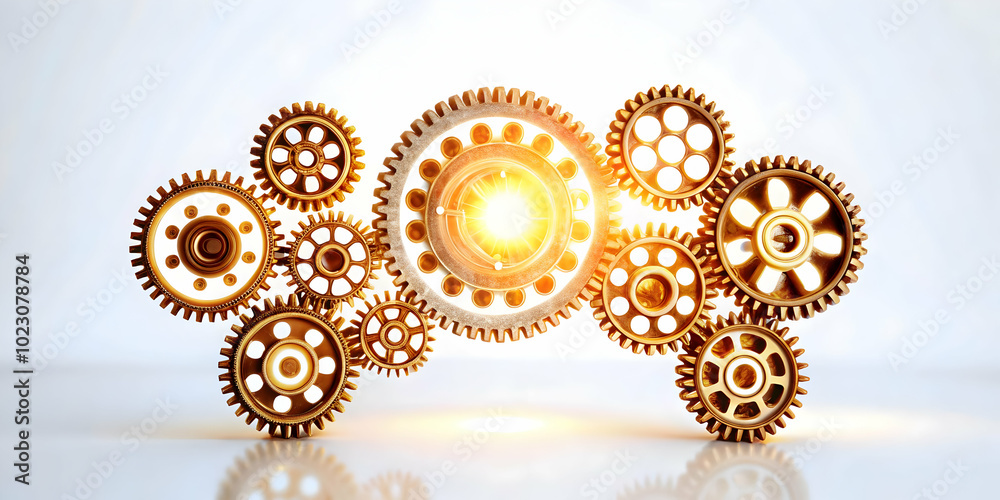 Flat Glowing Abstract Marketing Gear with Interconnected Cogs Turning - A Sleek Visual Symbolizing the Complexity and Precision of Marketing Operations in Simple Flat Vector Illustration