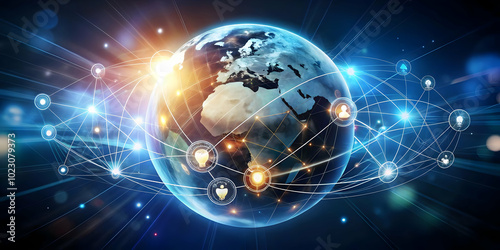 Glowing Abstract Globe with Orbiting Marketing Icons Visualizing Global Reach and Interconnectedness in Modern Marketing Strategies - Captivating Photo Stock Concept