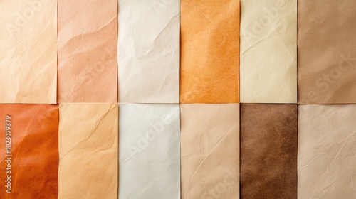 A collection of wrinkled paper sheets in various warm tones, perfect for backgrounds, textures, or artistic projects.