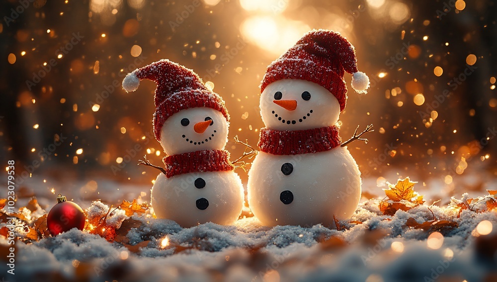 Two cheerful snowmen in festive hats surrounded by snow and autumn leaves. Two cheerful snowmen in festive hats surrounded by snow and autumn leaves.