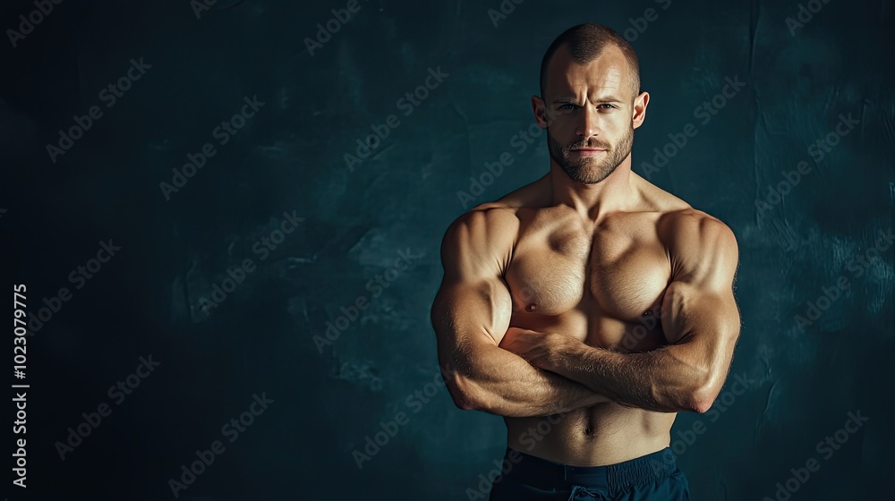 Fototapeta premium A confident muscular man showcasing his strength against a dark background, embodying fitness and resilience.
