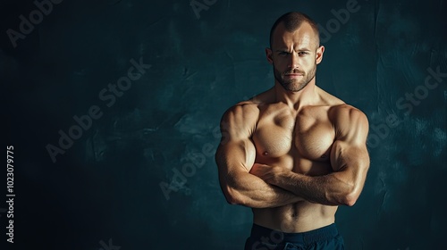 A confident muscular man showcasing his strength against a dark background, embodying fitness and resilience.