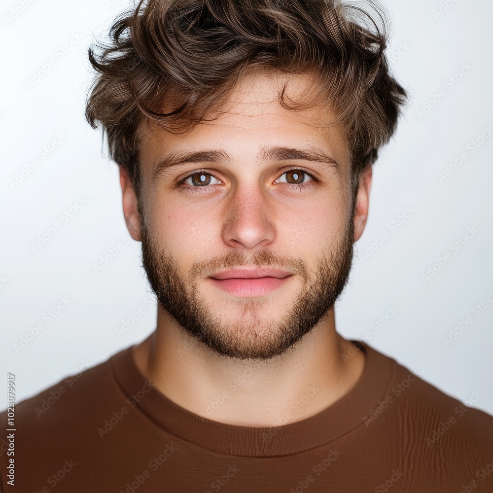 Obraz premium A confident young man with tousled hair and a warm smile, capturing a moment of genuine charm against a soft backdrop.
