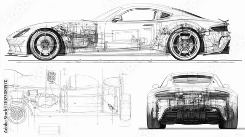Auto blueprint in a technical drawing style, showcasing detailed schematics of a car.