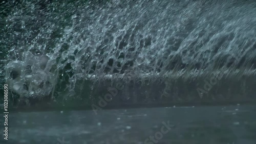 Rain in Rush Hour. The car moves past the camera and rides through the puddle. From under the wheel rises a beautiful stream of water