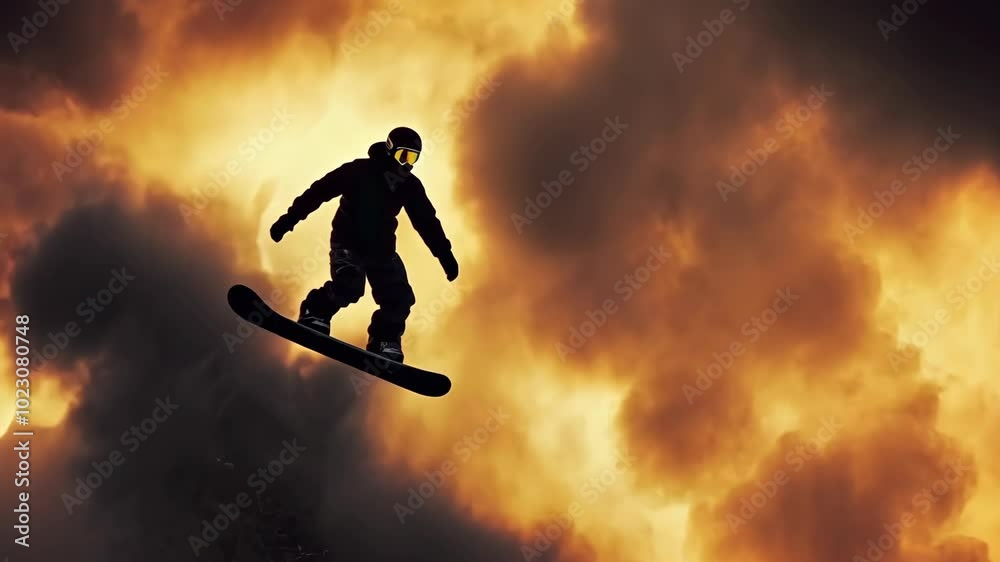 A snowboarder soars through the air, silhouetted against a fiery sunset sky A snowboarder soars through the air, silhouetted against a fiery sunset sky