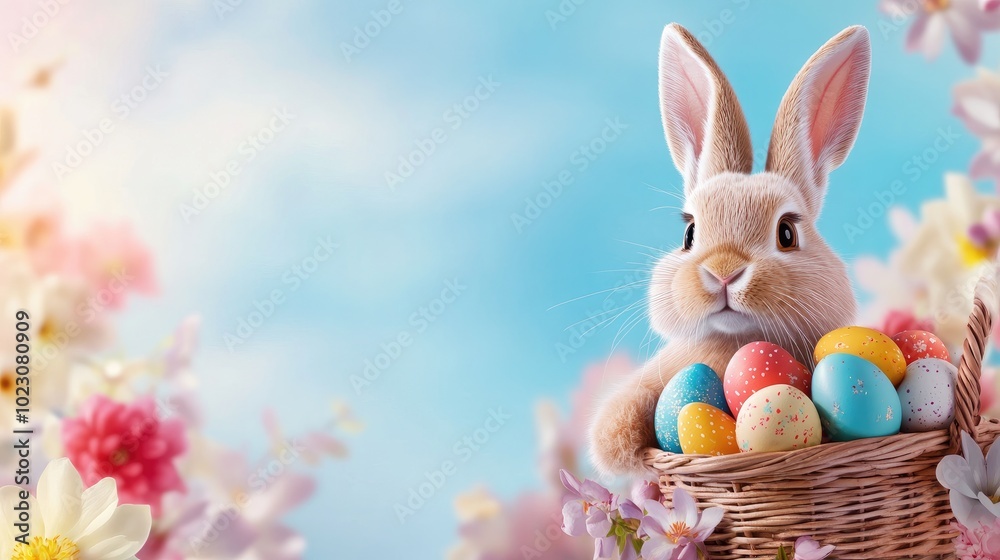 A cute bunny surrounded by colorful Easter eggs and vibrant flowers, perfect for spring celebrations and festive themes. A cute bunny surrounded by colorful Easter eggs and vibrant flowers, perfect for spring celebrations and festive themes.